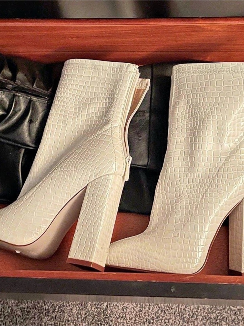 Crocodile Embossed Heeled Boots in White Like New